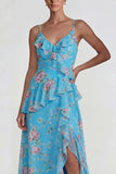 Blue Pink Flower A Line Spaghetti Straps Ruffled Long Wedding Guest Dress with Slit