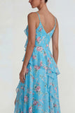Blue Pink Flower A Line Spaghetti Straps Ruffled Long Wedding Guest Dress with Slit