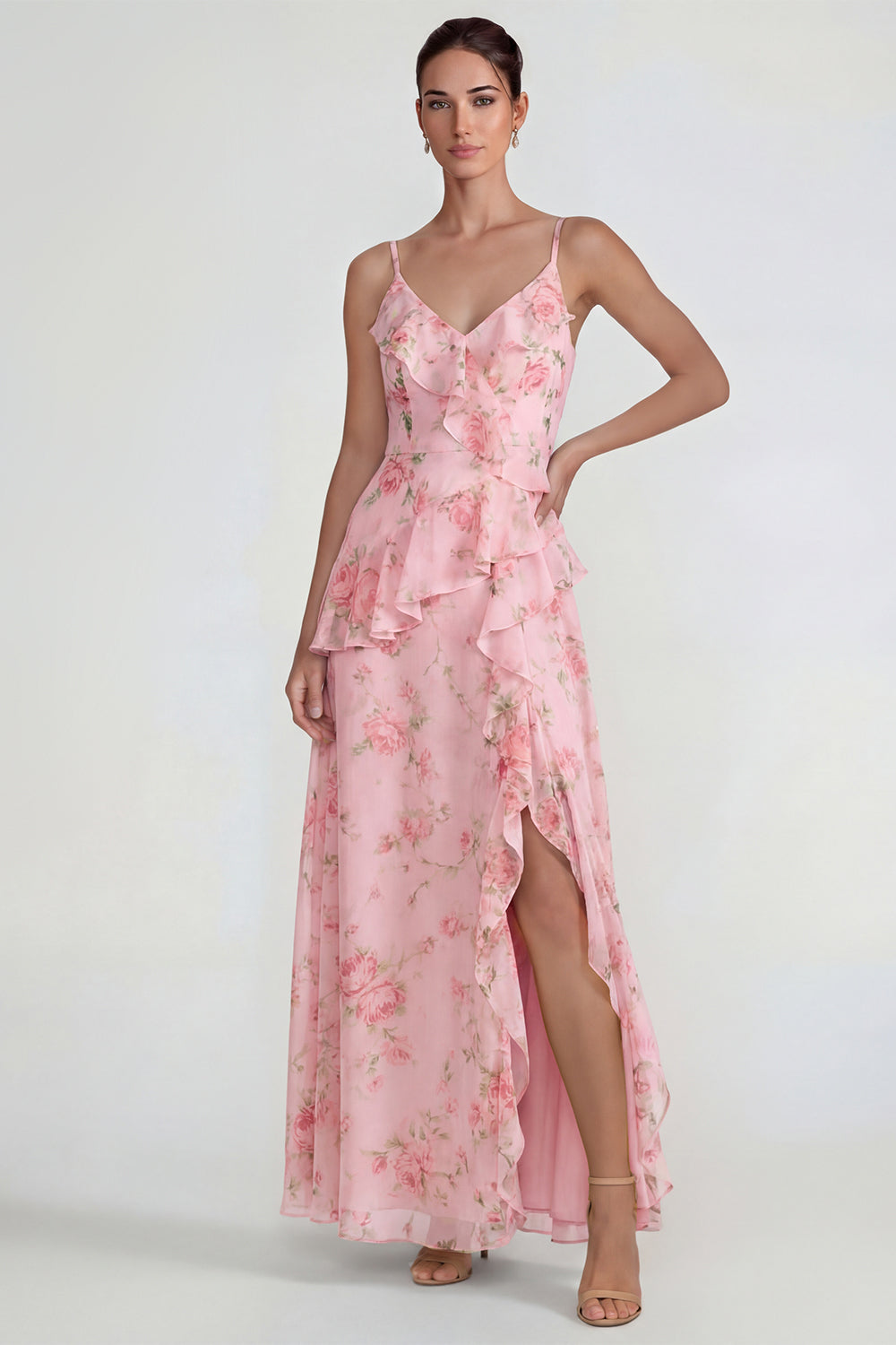 Blue Pink Flower A Line Spaghetti Straps Ruffled Long Wedding Guest Dress with Slit