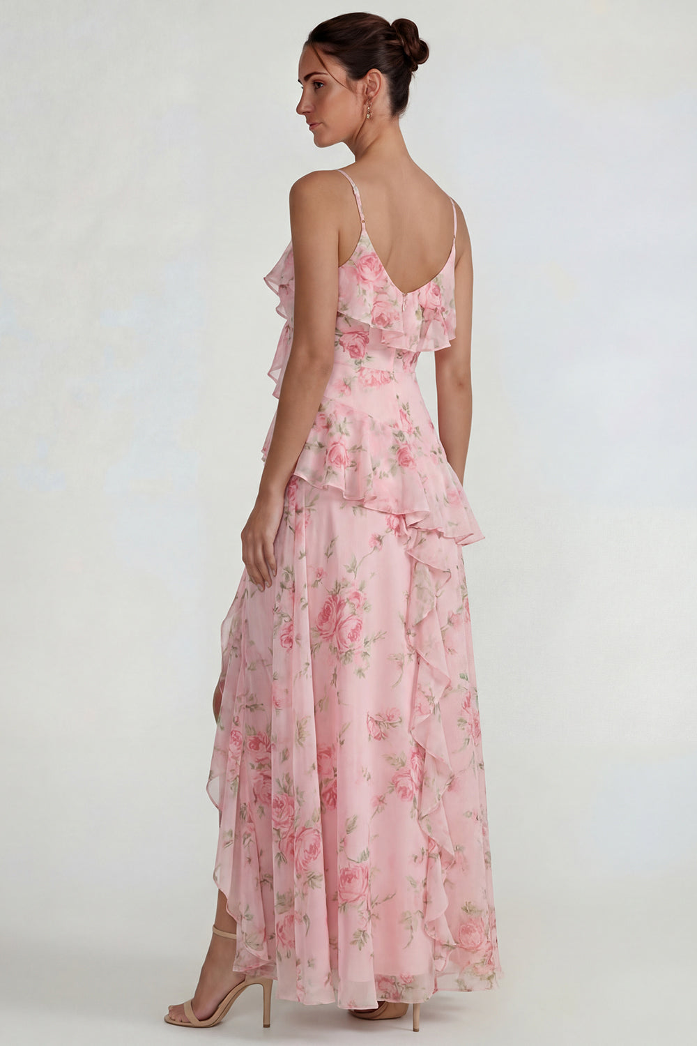 Blue Pink Flower A Line Spaghetti Straps Ruffled Long Wedding Guest Dress with Slit