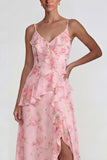 Blue Pink Flower A Line Spaghetti Straps Ruffled Long Wedding Guest Dress with Slit