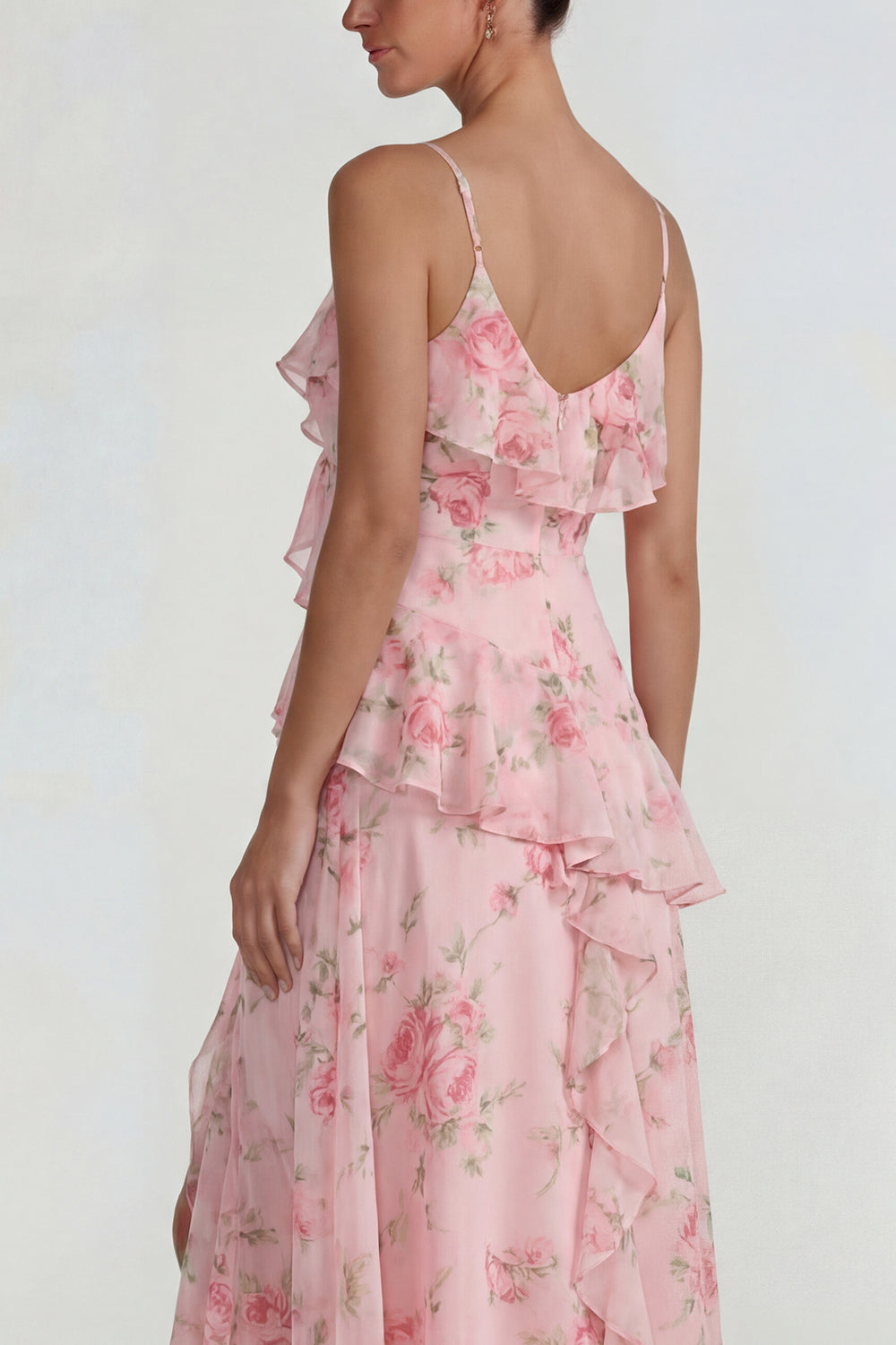 Blue Pink Flower A Line Spaghetti Straps Ruffled Long Wedding Guest Dress with Slit