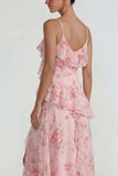 Blue Pink Flower A Line Spaghetti Straps Ruffled Long Wedding Guest Dress with Slit