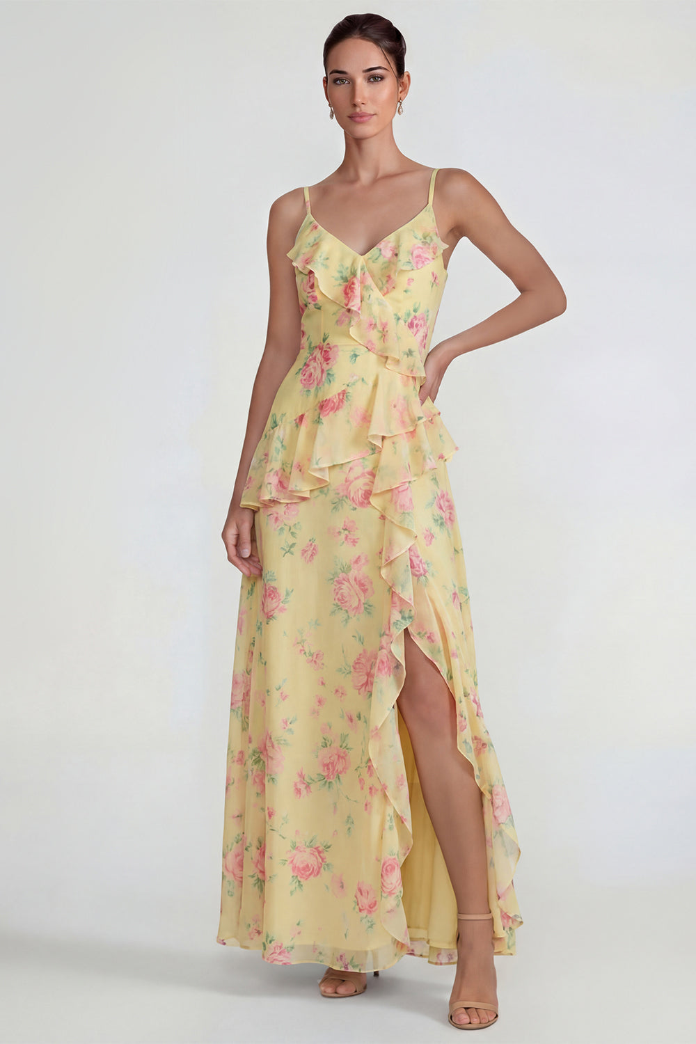 Blue Pink Flower A Line Spaghetti Straps Ruffled Long Wedding Guest Dress with Slit