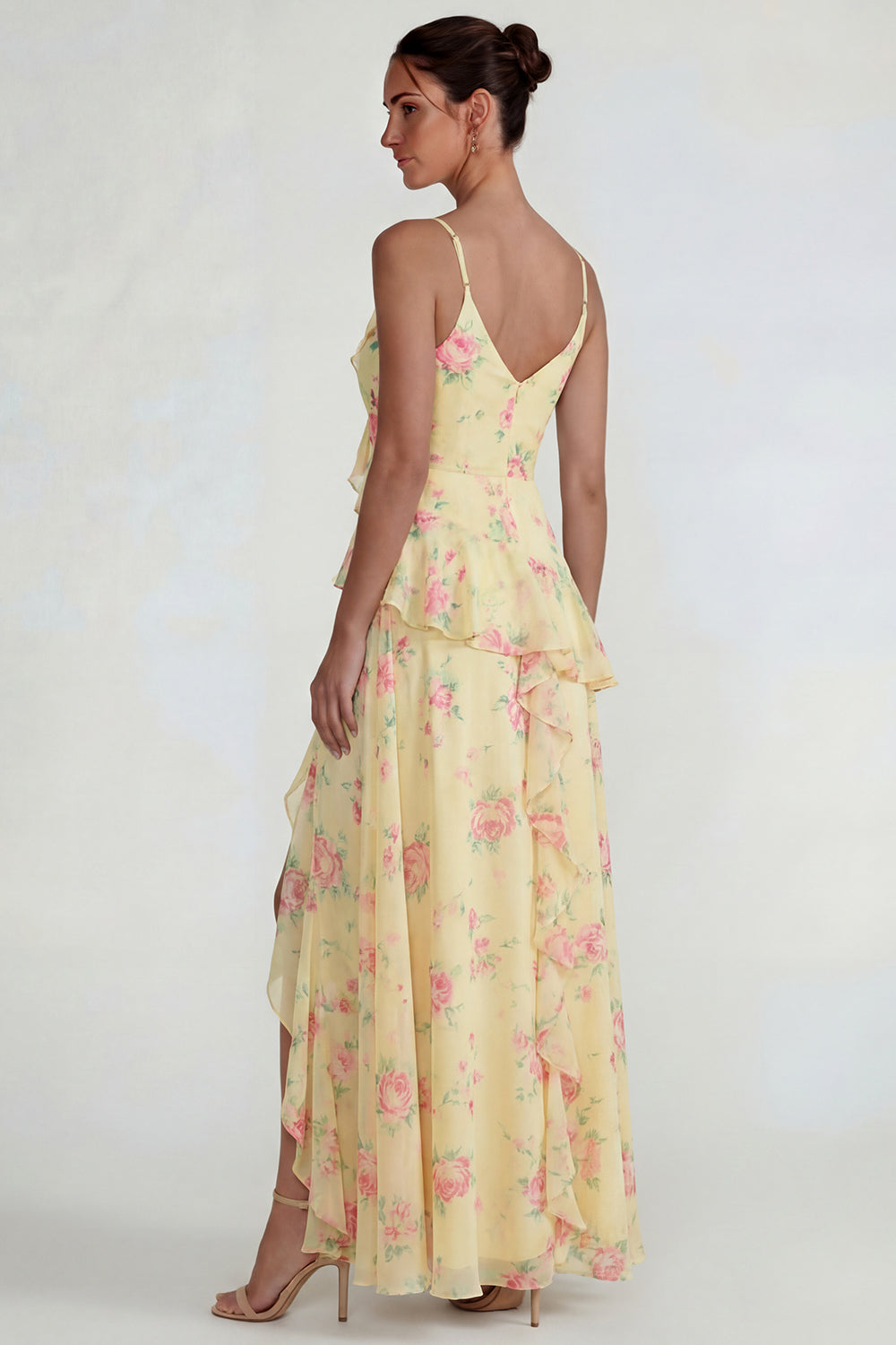 Blue Pink Flower A Line Spaghetti Straps Ruffled Long Wedding Guest Dress with Slit