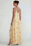Blue Pink Flower A Line Spaghetti Straps Ruffled Long Wedding Guest Dress with Slit
