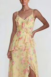 Blue Pink Flower A Line Spaghetti Straps Ruffled Long Wedding Guest Dress with Slit