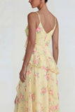 Blue Pink Flower A Line Spaghetti Straps Ruffled Long Wedding Guest Dress with Slit