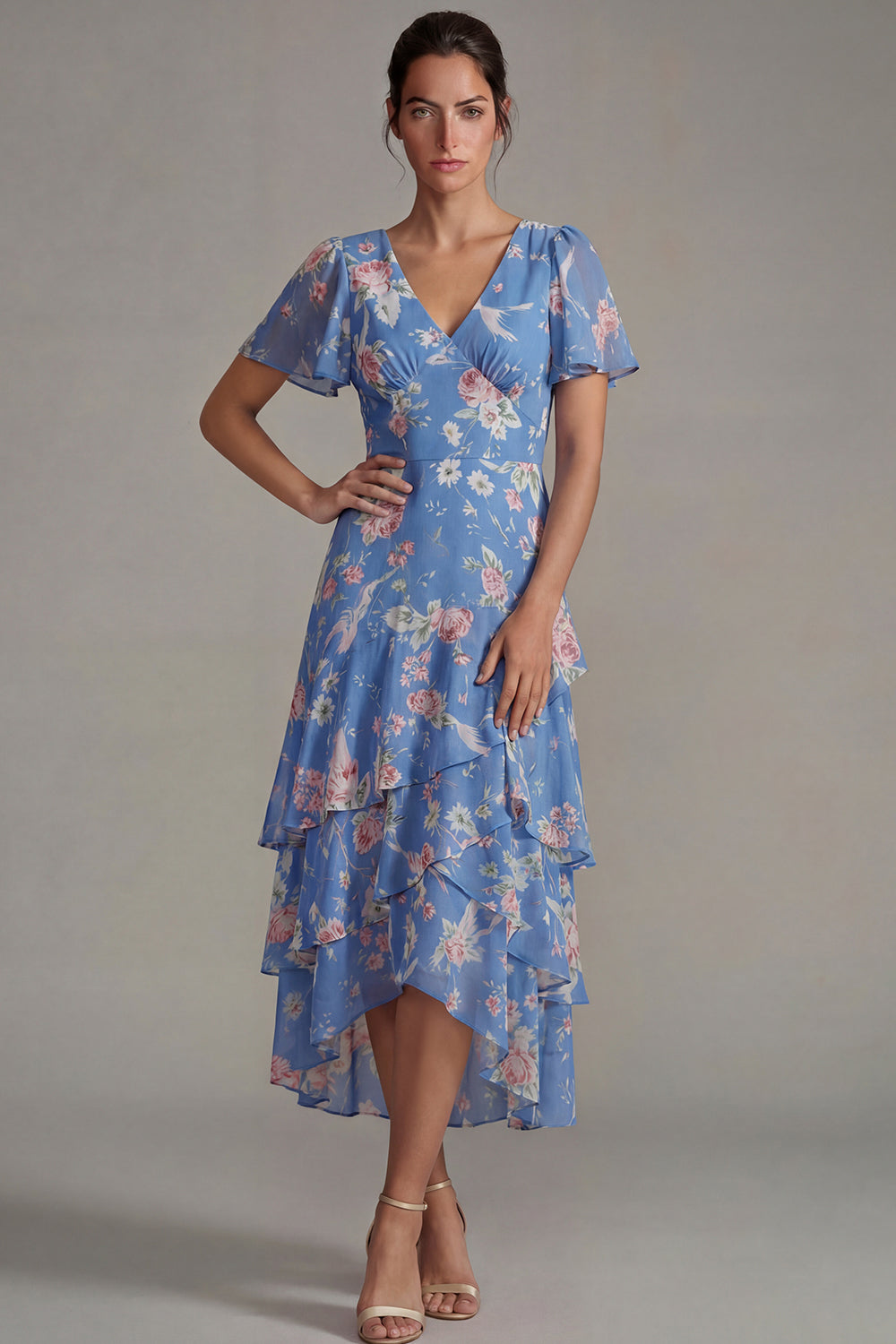 V Neck Blue Pink A Line Long Flower Wedding Guest Dress with Ruffles