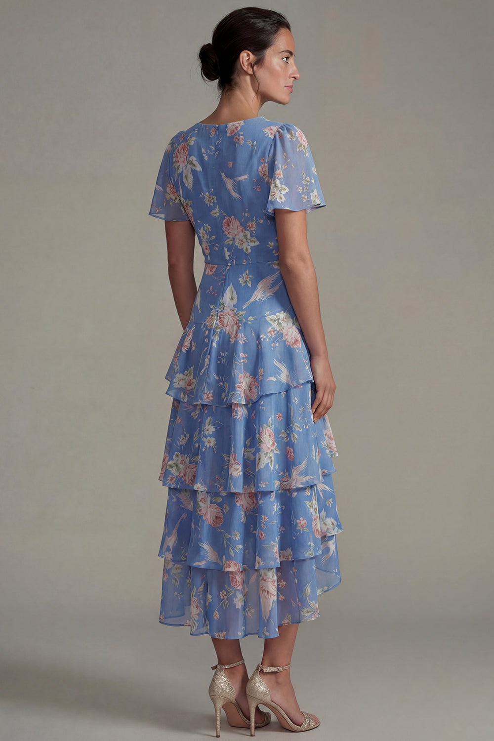 V Neck Blue Pink A Line Long Flower Wedding Guest Dress with Ruffles
