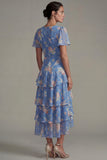 V Neck Blue Pink A Line Long Flower Wedding Guest Dress with Ruffles