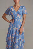 V Neck Blue Pink A Line Long Flower Wedding Guest Dress with Ruffles