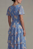V Neck Blue Pink A Line Long Flower Wedding Guest Dress with Ruffles