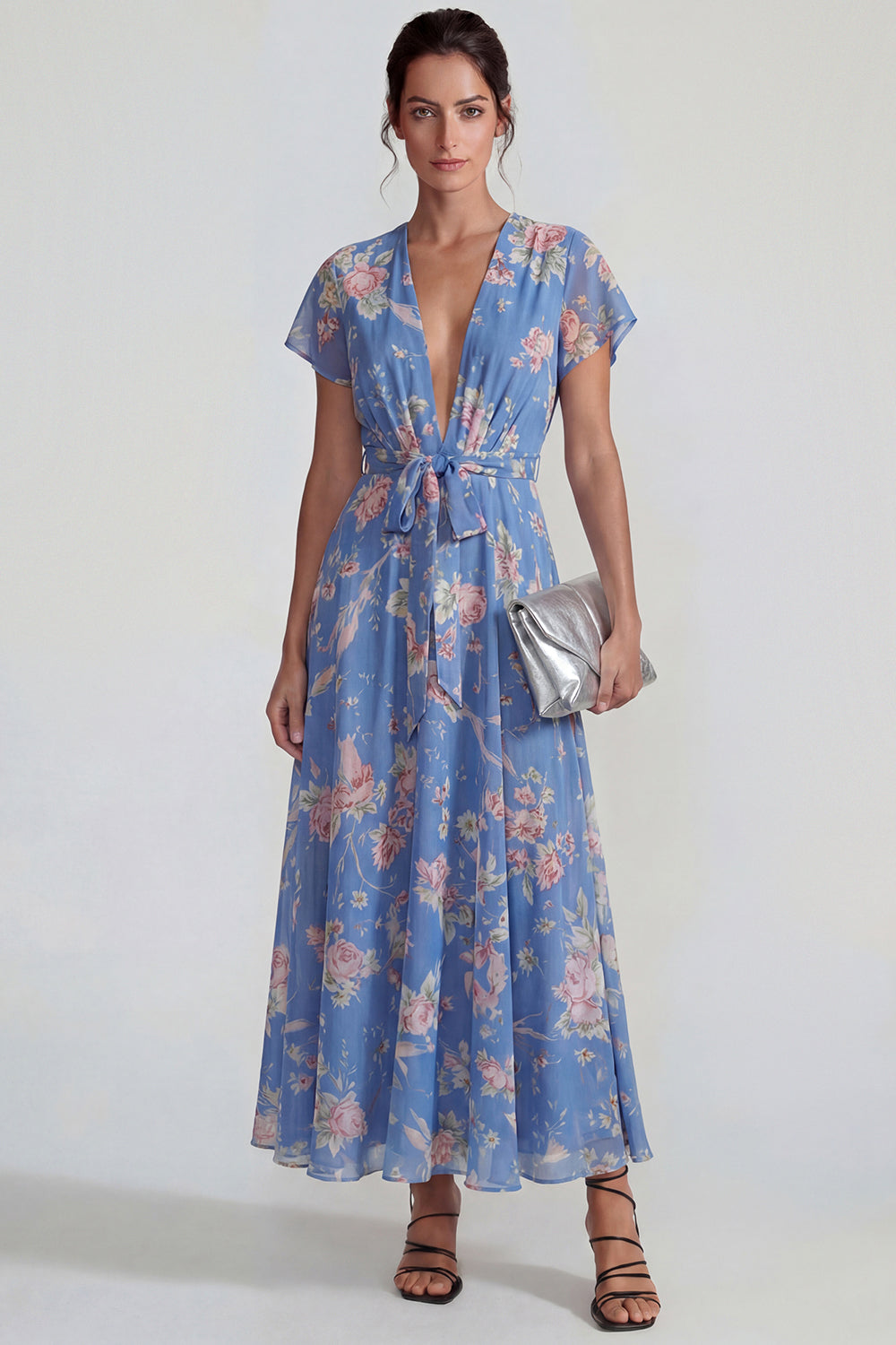 Blue Pink Flower V Neck A Line Long Wedding Guest Dress with Sash