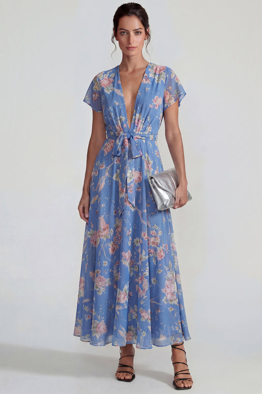 Blue Pink Flower V Neck A Line Long Wedding Guest Dress with Sash