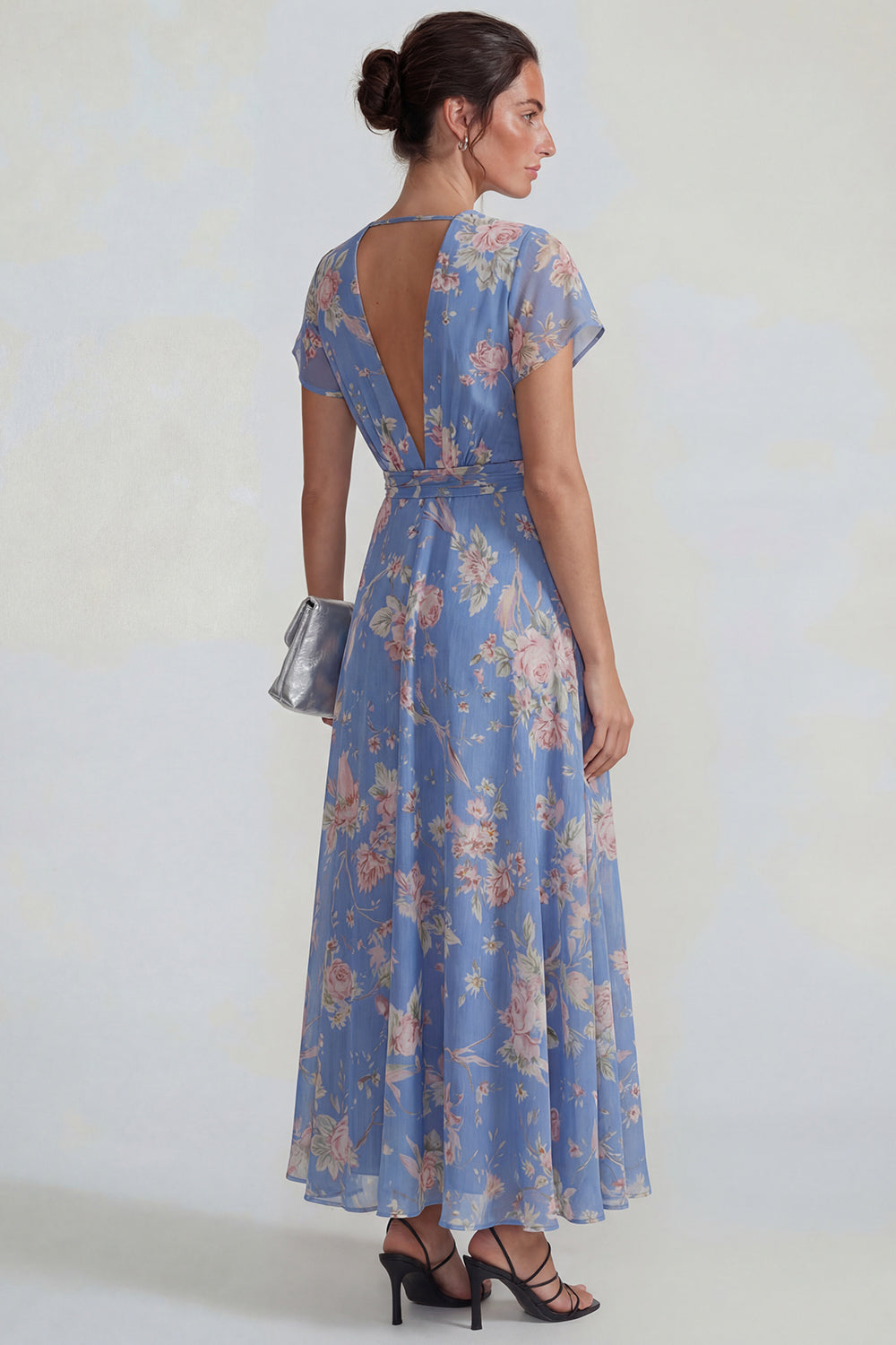 Blue Pink Flower V Neck A Line Long Wedding Guest Dress with Sash
