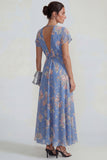 Blue Pink Flower V Neck A Line Long Wedding Guest Dress with Sash