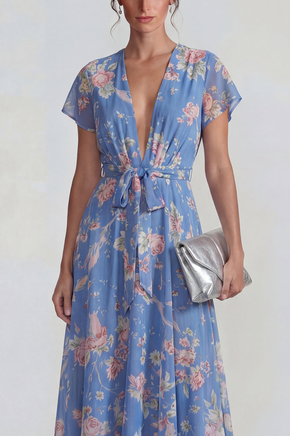 Blue Pink Flower V Neck A Line Long Wedding Guest Dress with Sash