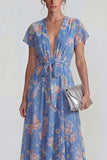 Blue Pink Flower V Neck A Line Long Wedding Guest Dress with Sash