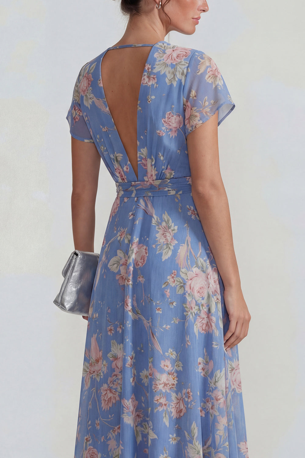 Blue Pink Flower V Neck A Line Long Wedding Guest Dress with Sash