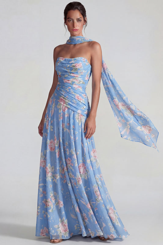 Zapakasa Women Flowy Blue Floral Long Wedding Gusest Dress Neck Scarf Chiffon Bridesmaid Dress