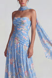 Flower Blue Pink Neck Scarf A Line Long Wedding Guest Dress