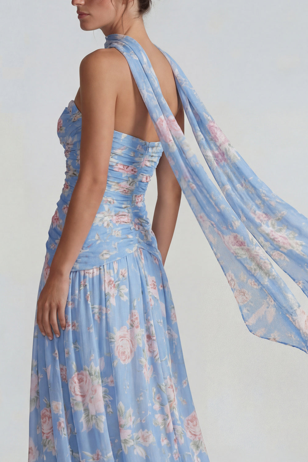 Flower Blue Pink Neck Scarf A Line Long Wedding Guest Dress