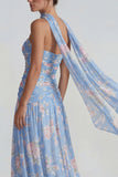 Flower Blue Pink Neck Scarf A Line Long Wedding Guest Dress