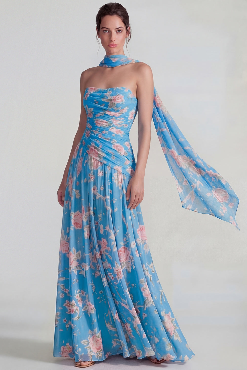 Flower Blue Pink Neck Scarf A Line Long Wedding Guest Dress
