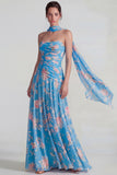 Flower Blue Pink Neck Scarf A Line Long Wedding Guest Dress