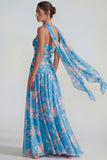Flower Blue Pink Neck Scarf A Line Long Wedding Guest Dress