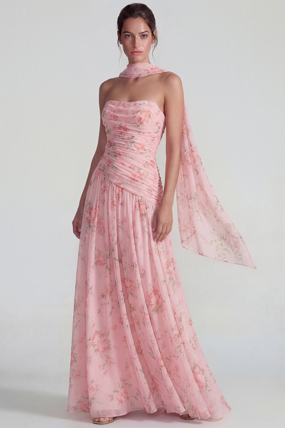 Flower Blue Pink Neck Scarf A Line Long Wedding Guest Dress