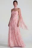 Flower Blue Pink Neck Scarf A Line Long Wedding Guest Dress