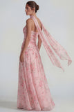 Flower Blue Pink Neck Scarf A Line Long Wedding Guest Dress