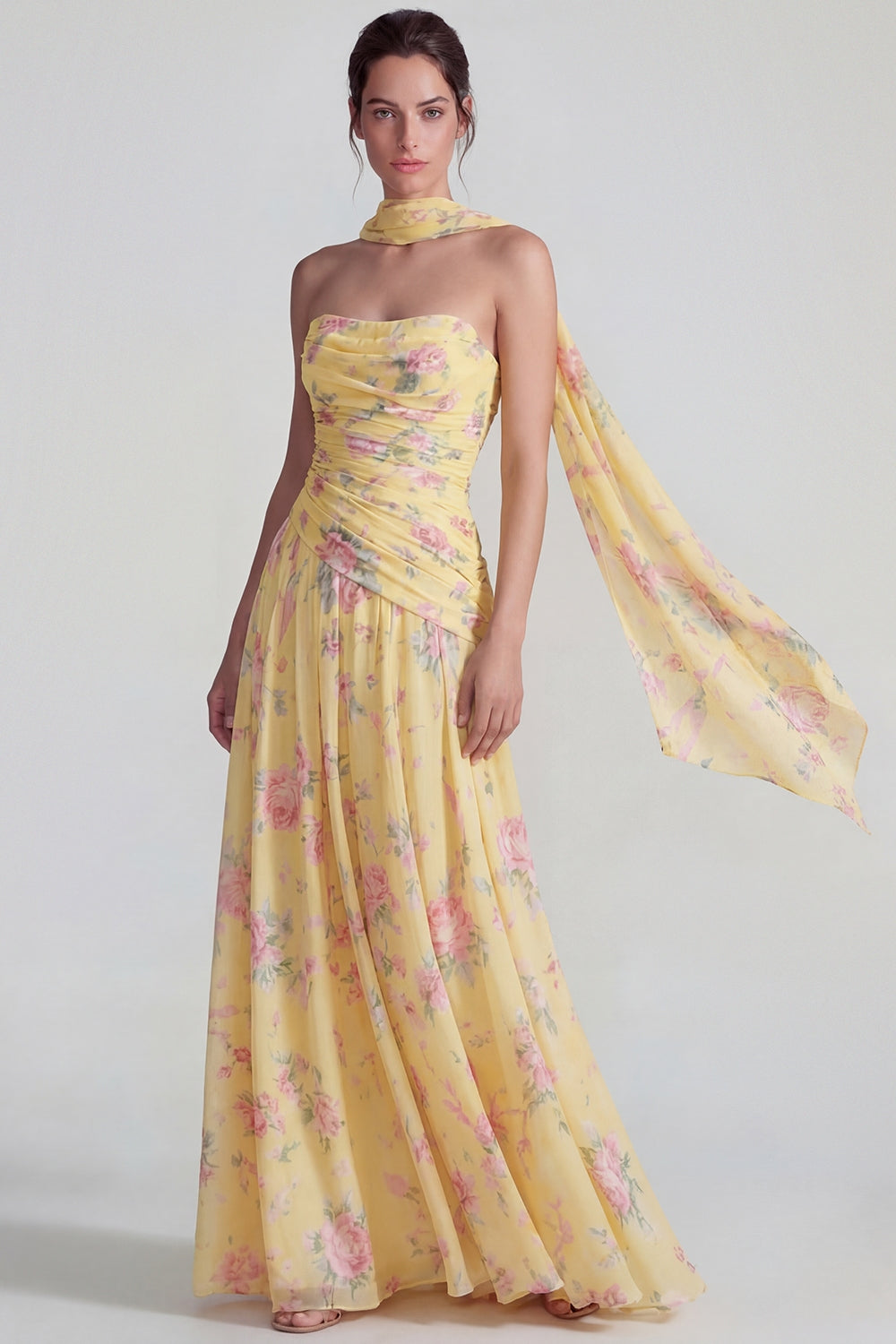 Flower Blue Pink Neck Scarf A Line Long Wedding Guest Dress