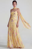 Flower Blue Pink Neck Scarf A Line Long Wedding Guest Dress