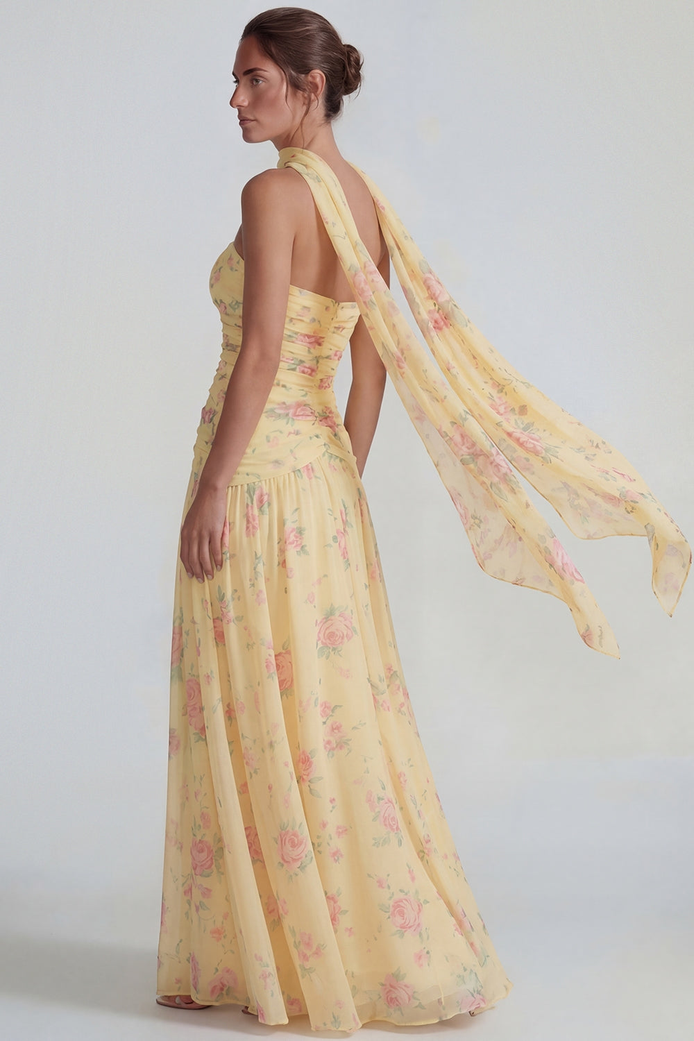 Flower Blue Pink Neck Scarf A Line Long Wedding Guest Dress