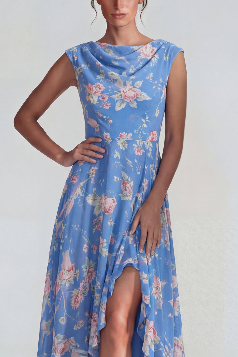Bateau Neck Blue Pink Flower A Line Long Wedding Guest Dress with Slit