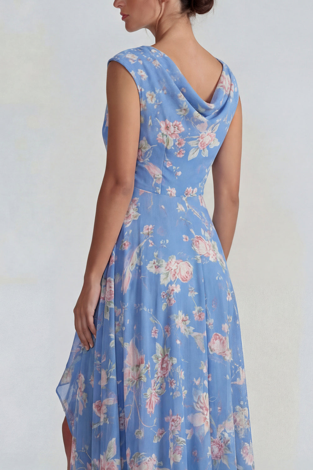 Bateau Neck Blue Pink Flower A Line Long Wedding Guest Dress with Slit