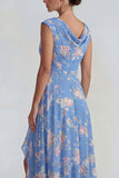 Bateau Neck Blue Pink Flower A Line Long Wedding Guest Dress with Slit