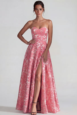 Blush Sweetheart Jacquard Floral A Line Long Wedding Guest Dress with Slit