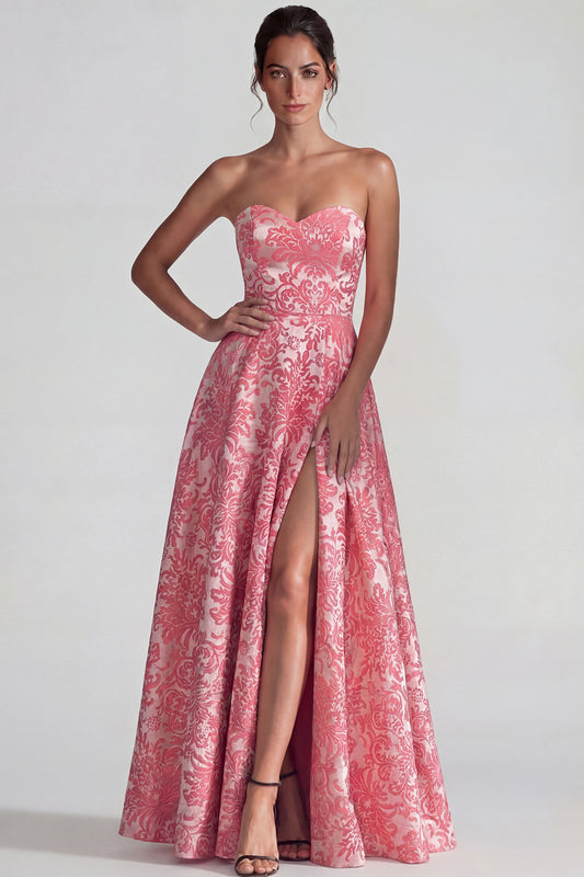 Blush Sweetheart Jacquard Floral A Line Long Wedding Guest Dress with Slit