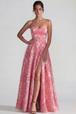 Blush Sweetheart Jacquard Floral A Line Long Wedding Guest Dress with Slit
