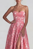 Blush Sweetheart Jacquard Floral A Line Long Wedding Guest Dress with Slit