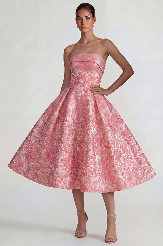 A Line Blush Jacquard Long Floral Wedding Guest Dress