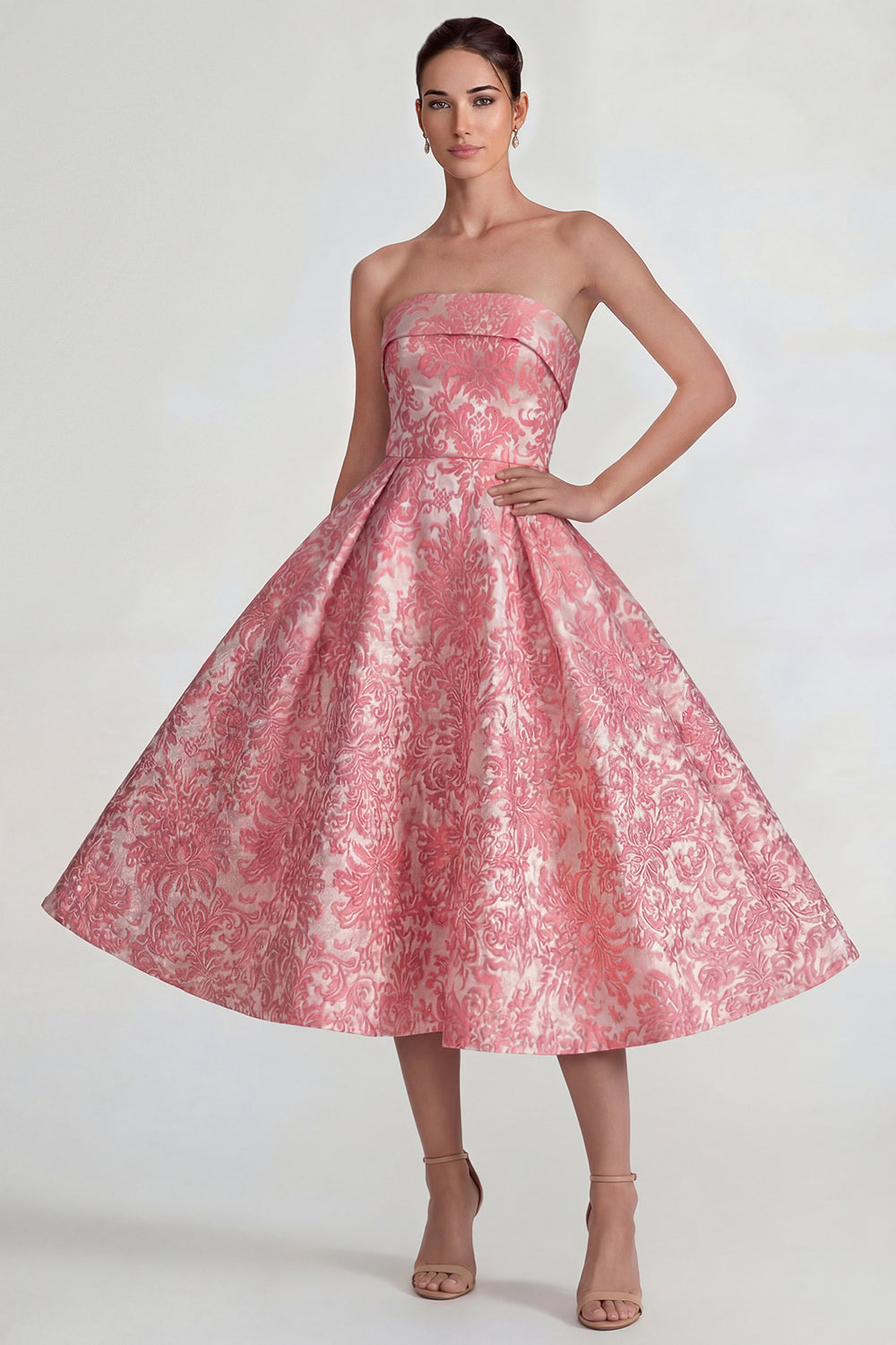 A Line Blush Jacquard Long Floral Wedding Guest Dress
