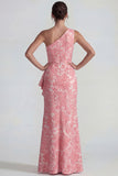 One Shoulder Mermaid Blush Jacquard Floral Long Wedding Guest Dress with Slit