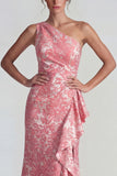 One Shoulder Mermaid Blush Jacquard Floral Long Wedding Guest Dress with Slit