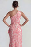 One Shoulder Mermaid Blush Jacquard Floral Long Wedding Guest Dress with Slit