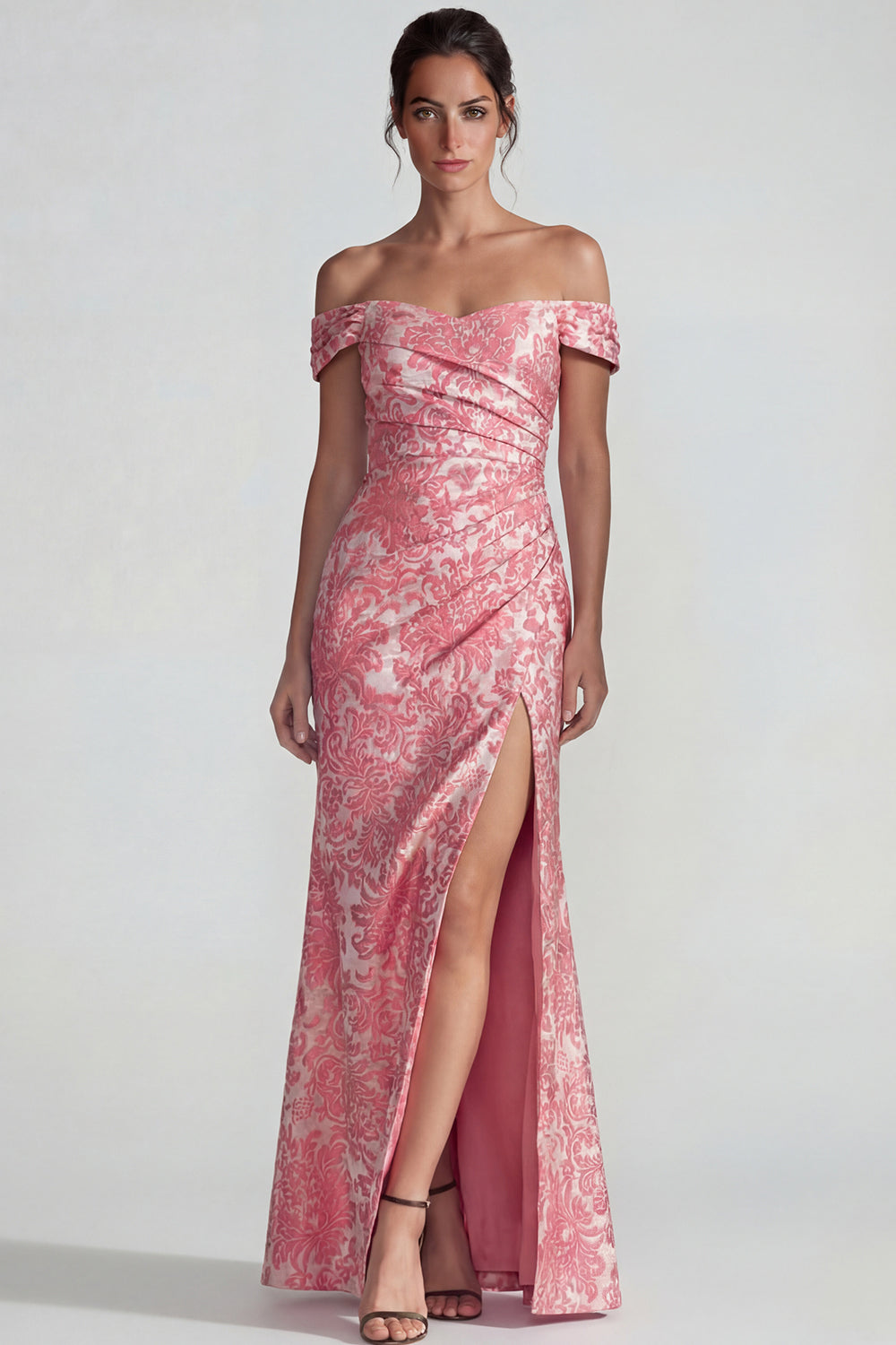 Blush Off the Shoulder Mermaid Jacquard Long Wedding Guest Dress